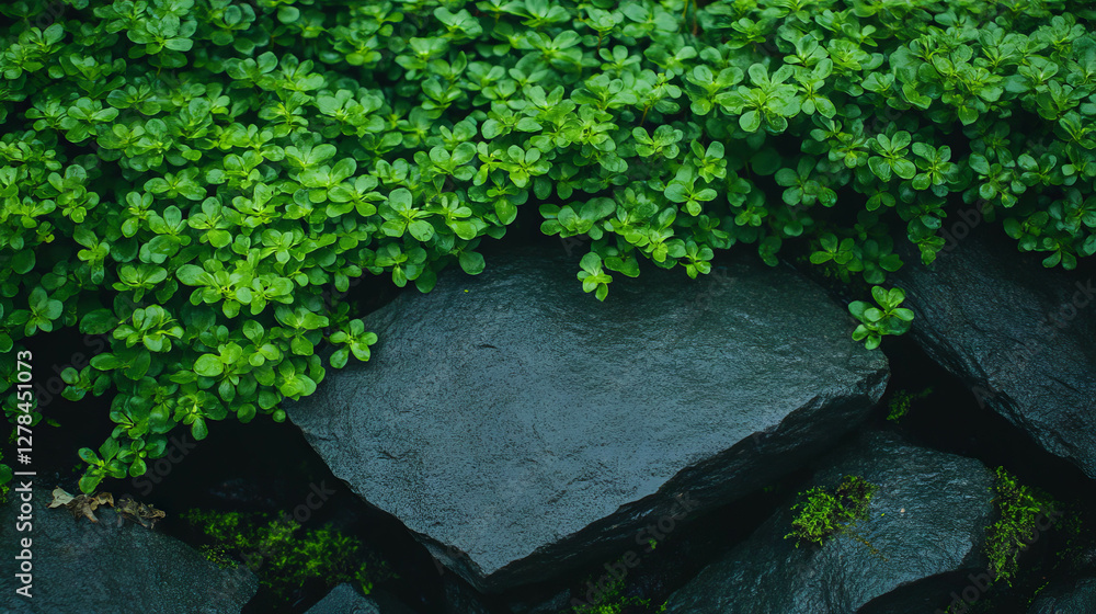 Lush green moss on wet rocks in nature setting Lush green moss on wet rocks in nature setting