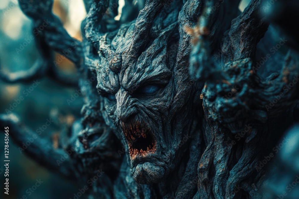 Close-up of a tree with a carved or painted scary face, suitable for Halloween decorations or horror-themed designs