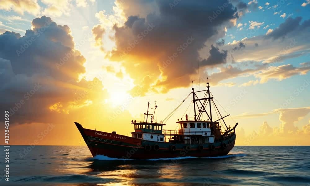 a fishing boat moving in the middle of the ocean a fishing boat moving in the middle of the ocean