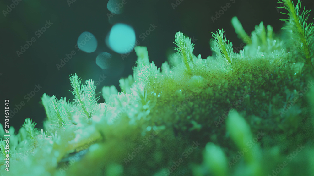 Fototapeta premium Lush close-up of bright pale green moss with soft lighting for natural backgrounds
