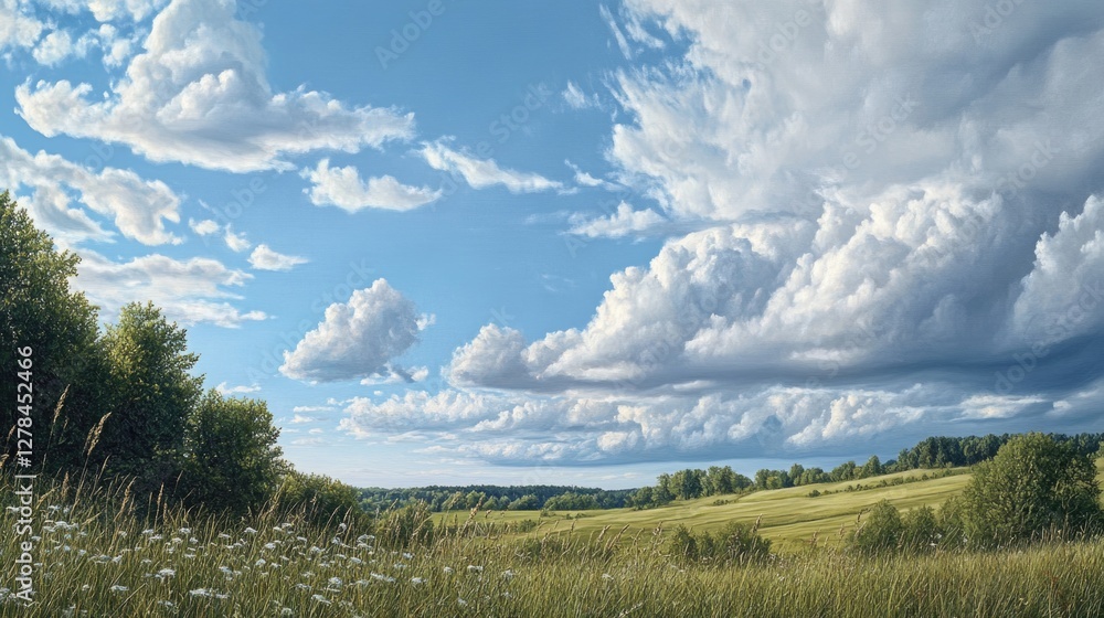 Obraz premium A serene landscape featuring grass and trees under a cloudy sky