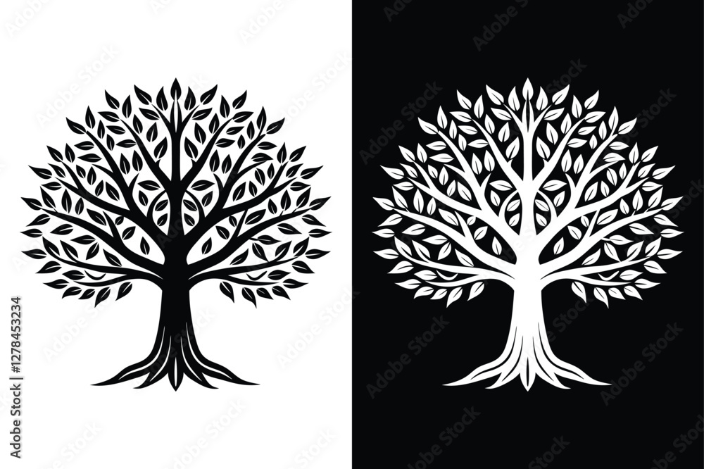 Naklejka premium Tree Silhouette Vector Icon Black And White Background.