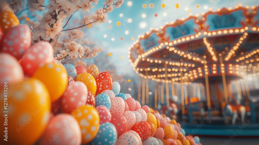 A carousel at a fairground decorated with Easter-themed ornaments, leaving a clear sky above for copy. A carousel at a fairground decorated with Easter-themed ornaments, leaving a clear sky above for copy.
