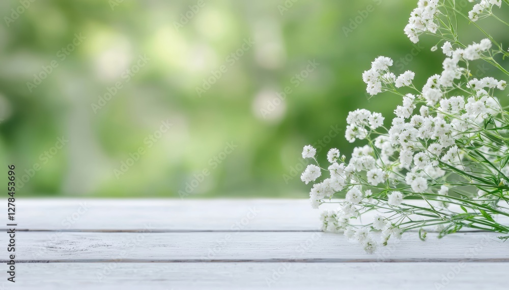 A calming nature scene with delicate baby's breath flowers scattered across a peaceful meadow, viewed from a cozy wooden patio. A calming nature scene with delicate baby's breath flowers scattered across a peaceful meadow, viewed from a cozy wooden patio.