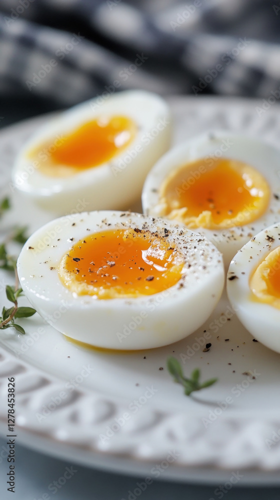 Close-upofperfectlycookedsoft-boiledeggsseasonedwithblackpepperandgarnishedwiththyme. Close-upofperfectlycookedsoft-boiledeggsseasonedwithblackpepperandgarnishedwiththyme.