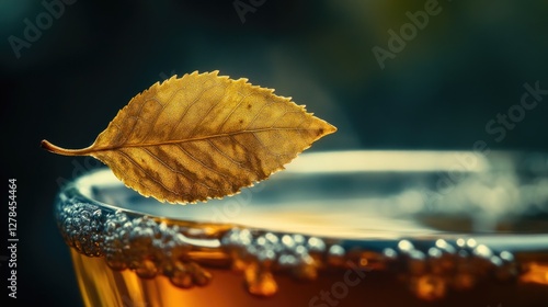 A close-up shot of a cup of tea with a leaf stuck to the rim
