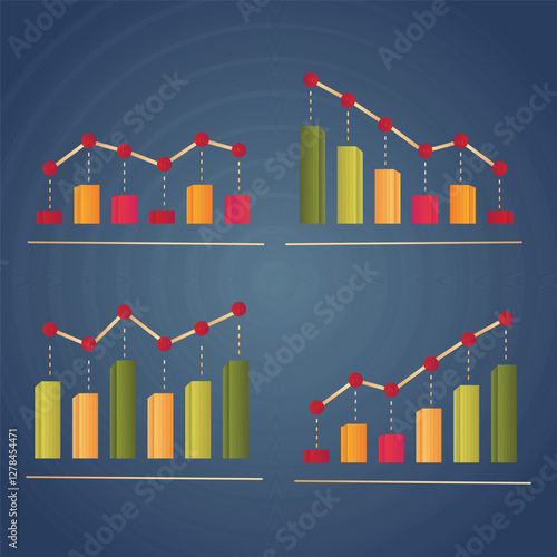 Vector illustration featuring four growth and decline charts for analytics, financial reports, and business presentations  