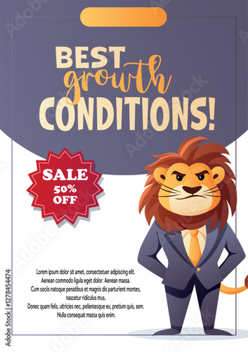 Vector flyer featuring an anthropomorphic lion in a business suit, growth-related text, and a 50% discount promotion  