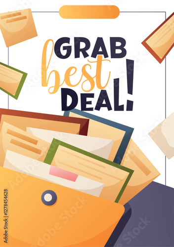 Vector flyer featuring folders, documents, and envelopes, advertising a profitable business deal  