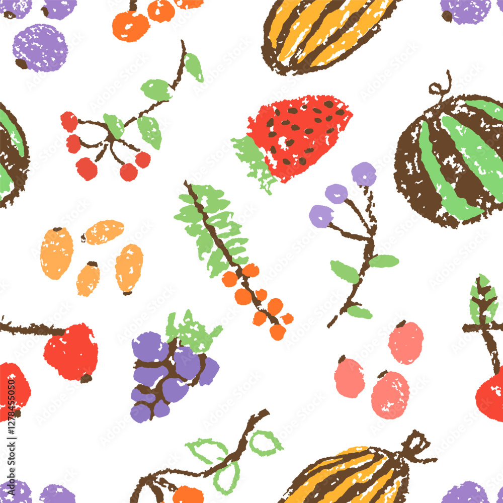 Hand drawn fruit vegetables seamless pattern. Harvest healthy food background. Crayon like kid`s hand drawn colorful bright funny cartoon doodle. Vector pastel chalk or pencil childlike berries, melon