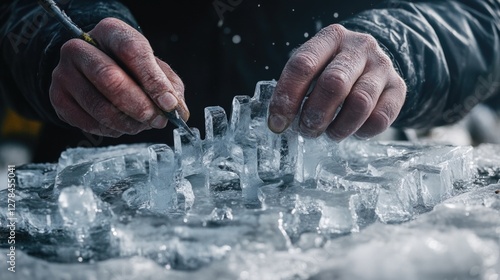 A close-up shot of a person using a knife to cut through ice photo