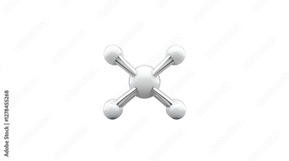 A 3D rendering of a white, stylized molecular structure with a central sphere and four radiating arms ending in spherical nodes is centered against a white background. A 3D rendering of a white, stylized molecular structure with a central sphere and four radiating arms ending in spherical nodes is centered against a white background.