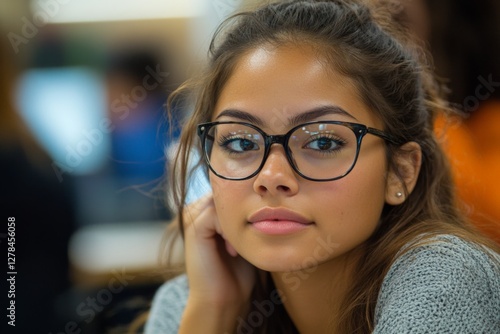 Girl wearing glasses smiles in a classroom setting with students and computers in the background during a daytime study session Free Download Girl wearing glasses smiles in a classroom setting with students and computers in the background during a daytime study session - GFXLoad