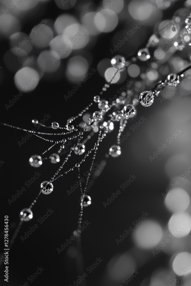A close-up view of water droplets on the surface of plant leaves in a black and white image A close-up view of water droplets on the surface of plant leaves in a black and white image