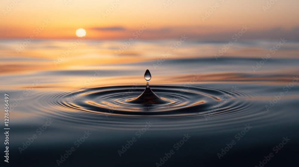 Water droplet creating ripples on calm ocean surface during sunset Water droplet creating ripples on calm ocean surface during sunset
