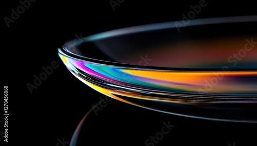 Close-up of a colorful contact lens on black background.