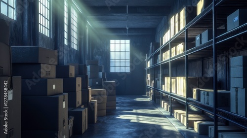 Wallpaper Mural A dimly lit storage room filled with stacked boxes on metal shelves, illuminated by sunlight streaming through a nearby window. Torontodigital.ca