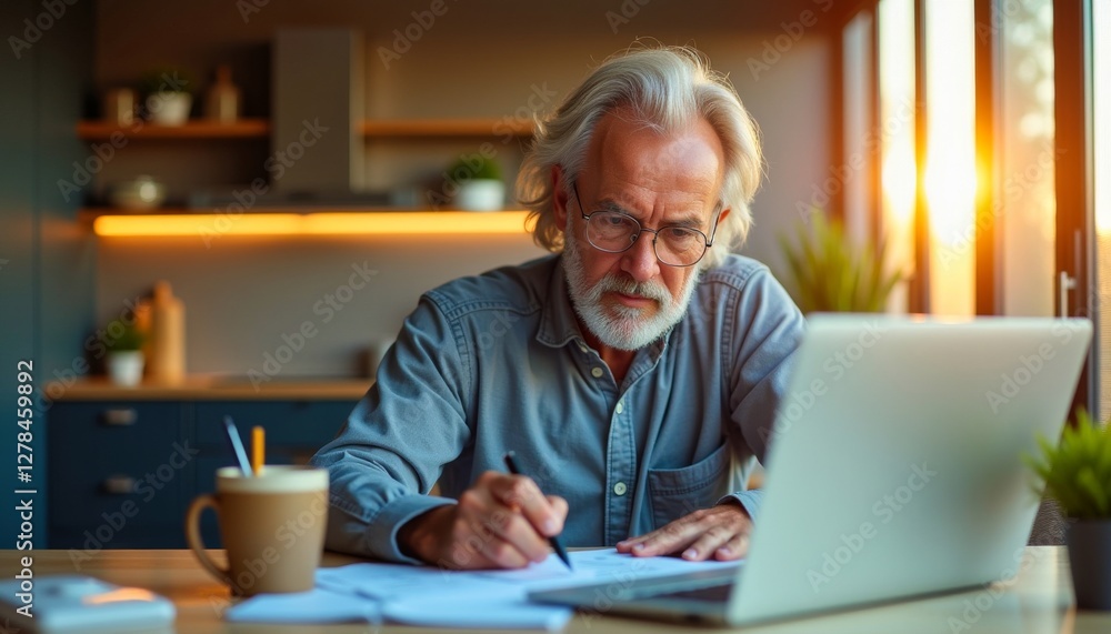 Mature man with laptop, working from home, using a pen to fill out paperwork at his desk near a window. Telecommuting lifestyle. Mature man with laptop, working from home, using a pen to fill out paperwork at his desk near a window. Telecommuting lifestyle.