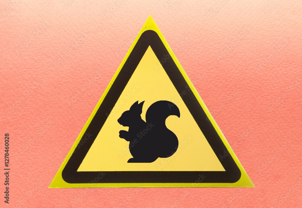 The warning sign is a silhouette of a squirrel in a yellow triangle. Funny sign of a playful squirrel close-up