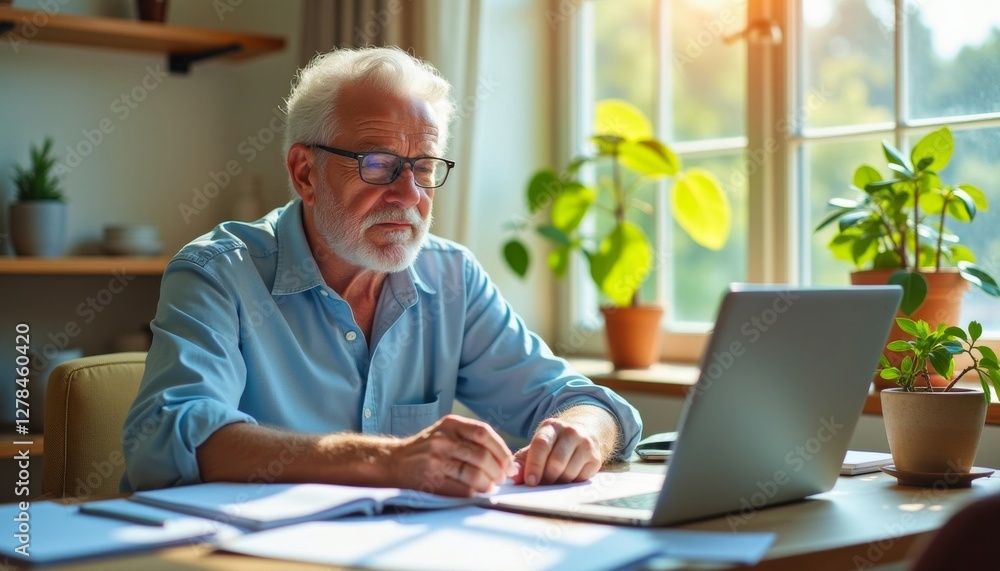 Senior Man Working at Home: An elderly man with glasses sits at a table with a laptop and paperwork, focused on his work in a sunny home office. Senior Man Working at Home: An elderly man with glasses sits at a table with a laptop and paperwork, focused on his work in a sunny home office.
