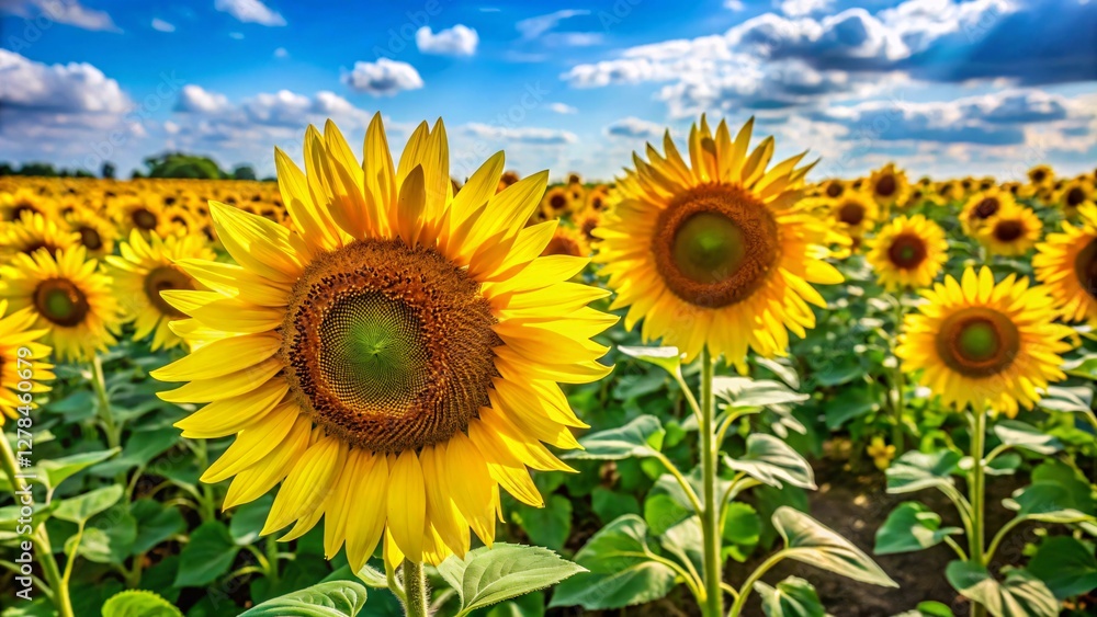 A field of sunflowers is pictured, with one large sunflower in focus and a blue sky with clouds above. A field of sunflowers is pictured, with one large sunflower in focus and a blue sky with clouds above.
