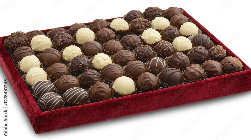A box of assorted gourmet chocolates, elegantly arranged on a red velvet cloth. A box of assorted gourmet chocolates, elegantly arranged on a red velvet cloth.