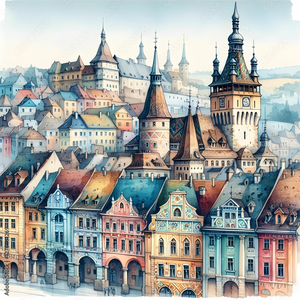 Fototapeta premium A watercolor painting of Sighișoara, Romania, showcasing its medieval citadel, colorful facades, and historic Clock Tower under a dreamy sky.