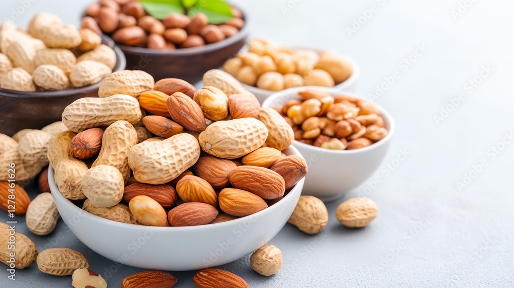 Bowl of peanuts is next to a bowl of almonds Bowl of peanuts is next to a bowl of almonds