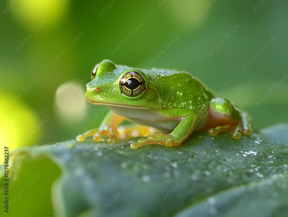 Green frog is sitting on a leaf Green frog is sitting on a leaf
