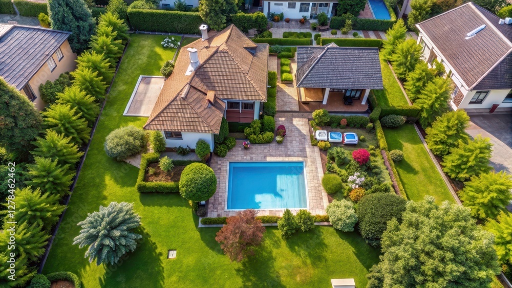 Aerial view of a residential house with a garden and pool in a quiet neighborhood, serene, outdoor living Aerial view of a residential house with a garden and pool in a quiet neighborhood, serene, outdoor living