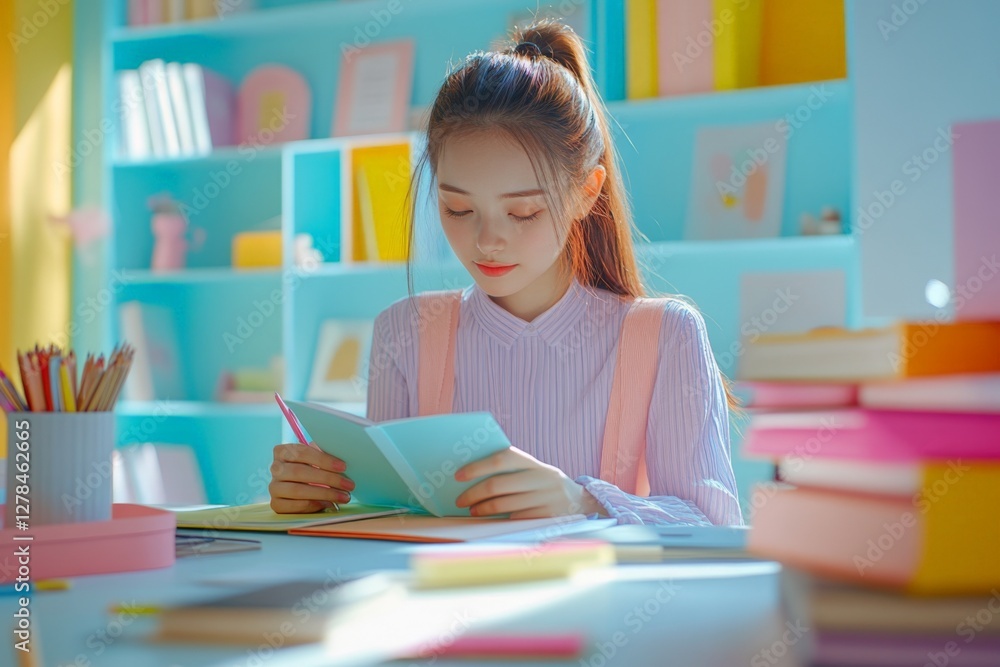 Young girl engaged in reading in a colorful study space during the daytime Young girl engaged in reading in a colorful study space during the daytime