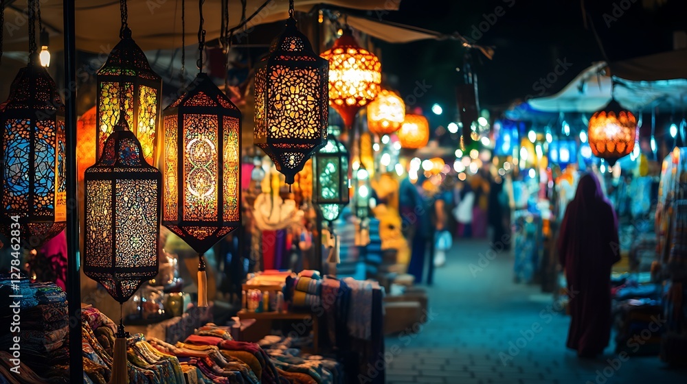 Vibrant Moroccan Market at Night with Hanging Lanterns and People Vibrant Moroccan Market at Night with Hanging Lanterns and People