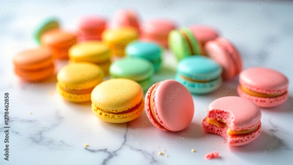 Obraz premium Colorful macarons on a marble surface, with one bitten, showcasing a vibrant array of pastel hues and textures in a minimalist setting.