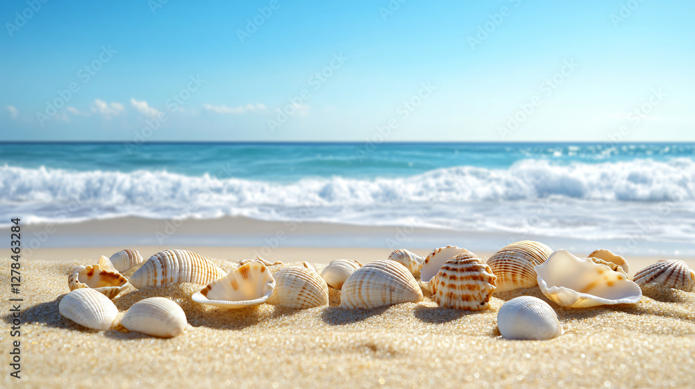 Seashells scattered on a sandy beach with gentle waves and clear blue sky in a tranquil coastal setting Seashells scattered on a sandy beach with gentle waves and clear blue sky in a tranquil coastal setting