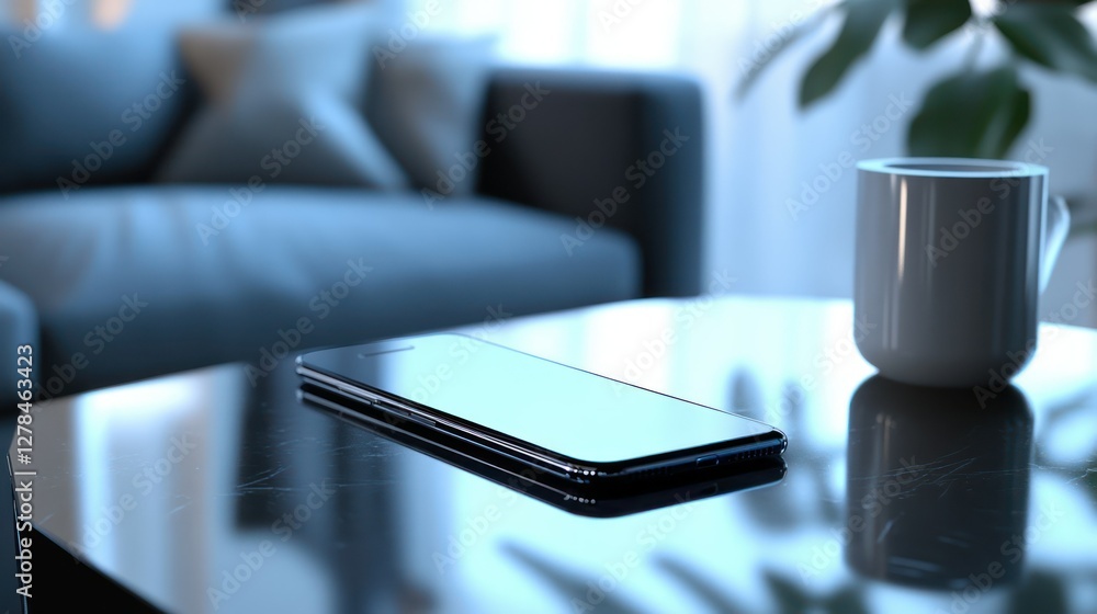 Phone rests on table, living room Phone rests on table, living room