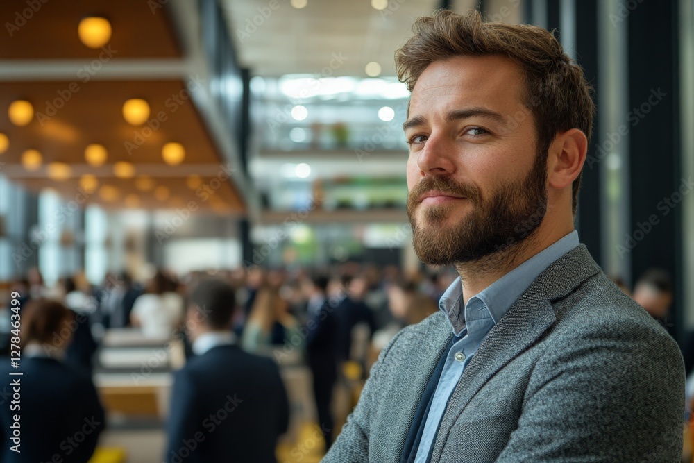 Fototapeta premium Business professional with beard and tailored suit networking at an industry conference in a modern venue