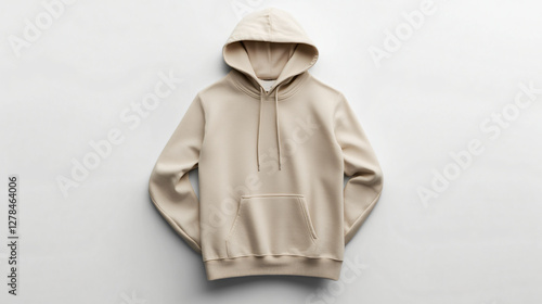 Minimalist beige hoodie displayed on a pure white background for fashion and apparel concepts photo