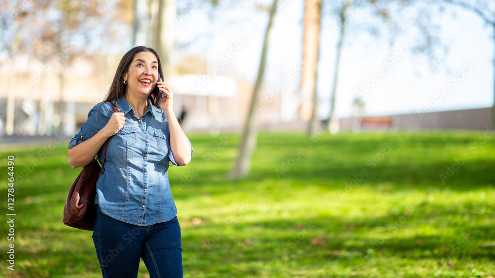Happy female in denim outfit walking in a park while talking on her phone Happy female in denim outfit walking in a park while talking on her phone