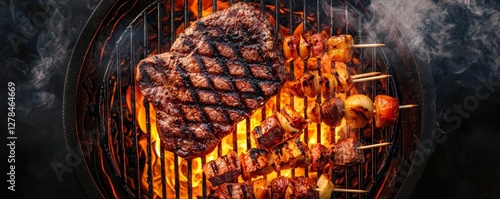 Wallpaper Mural A top-down view of a sizzling barbecue grill, loaded with seasoned steak, roasted vegetables, and skewers, with smoke rising into the air. Torontodigital.ca