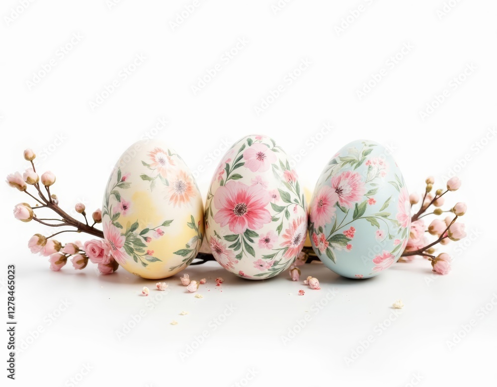 Fototapeta premium easter eggs with floral patterns on a branch surrounded by flowers white background
