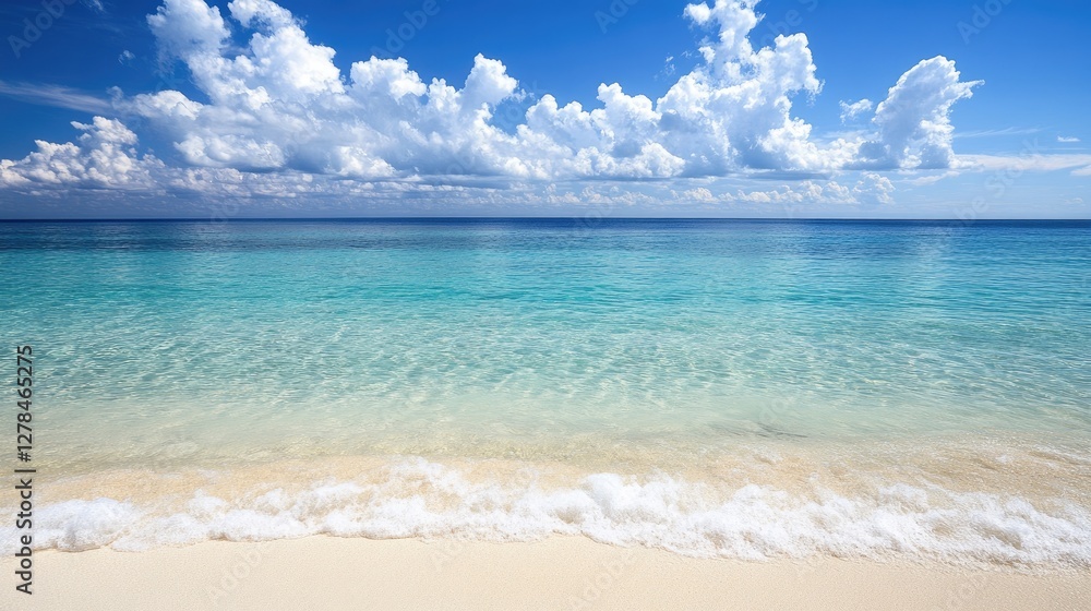 Fototapeta premium A dreamy tropical beach with crystal-clear water, soft white sand, and a distant horizon.