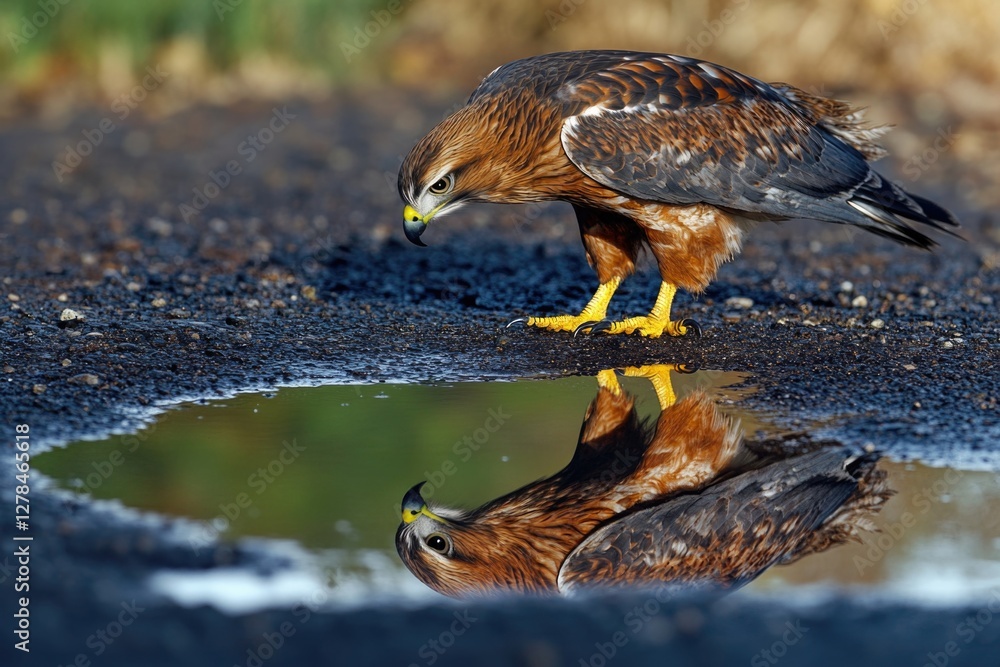 Fototapeta premium A bird drinks water from a small puddle on the ground