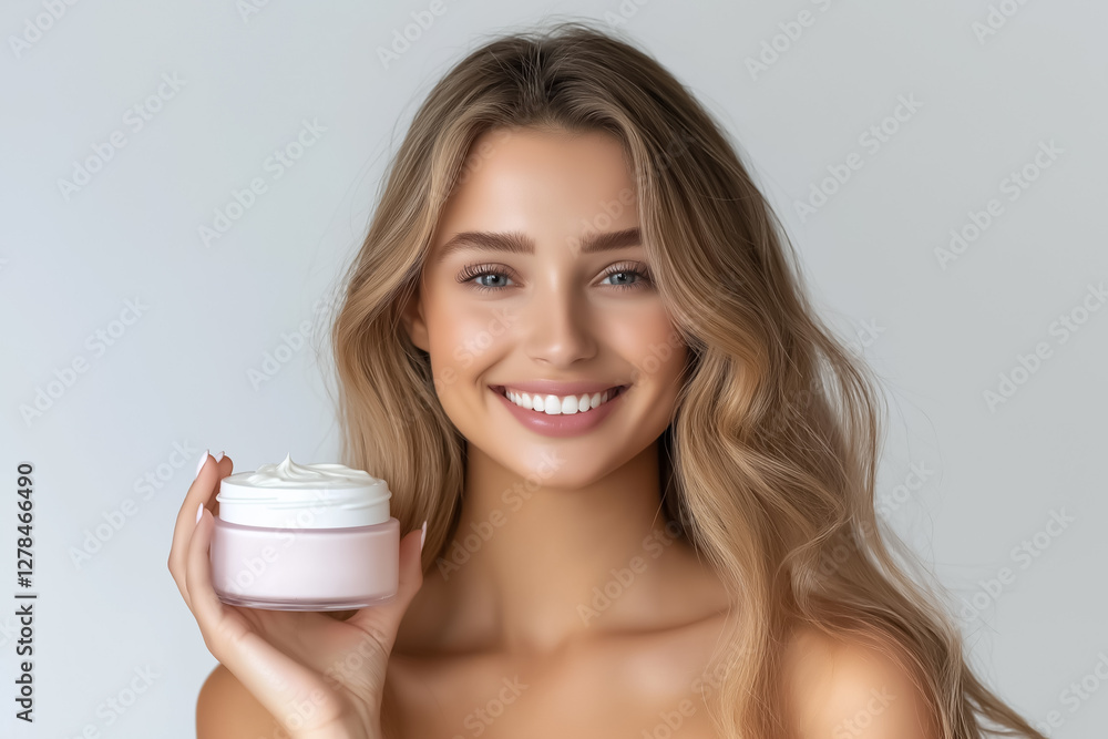 Portrait of a smiling well-groomed beautiful woman with a jar of moisturizer in her hands Portrait of a smiling well-groomed beautiful woman with a jar of moisturizer in her hands