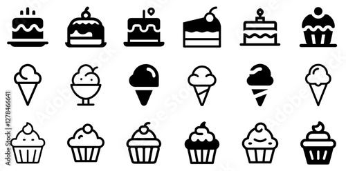 "Cake, Ice Cream, and Cupcake Vector Icon Set – Sweet Treats and Celebrations"