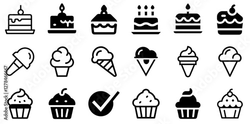 "Cake, Ice Cream, and Cupcake Vector Icon Set – Sweet Treats and Celebrations"