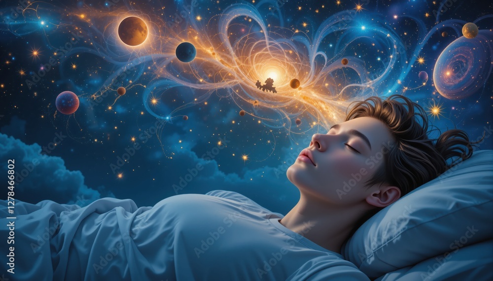 Naklejka premium A young individual lies peacefully asleep, engulfed in a dreamy atmosphere filled with swirling galaxies, stars, and planets. Their serene expression invites wonder about the cosmos