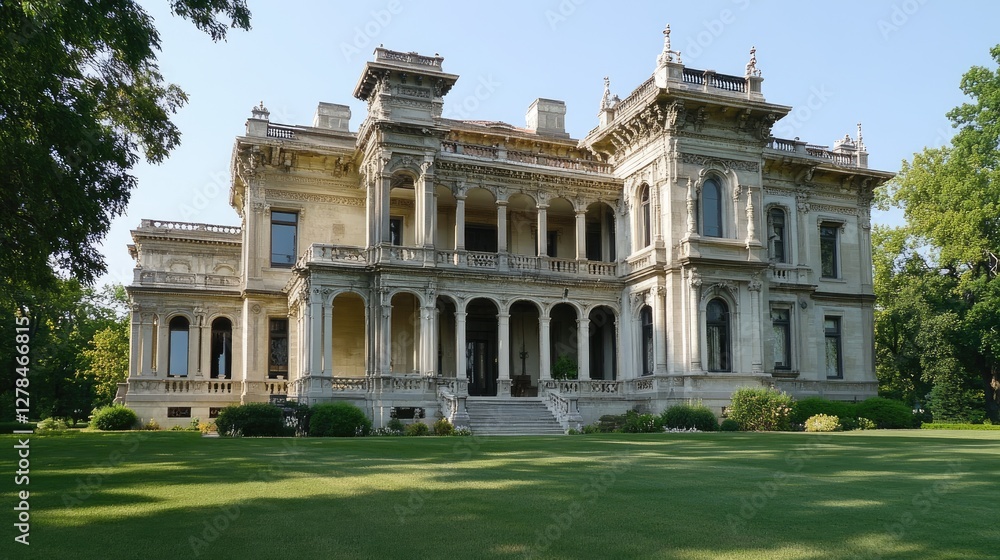A grand historic mansion exterior with intricate architecture, a manicured lawn, and towering columns. A grand historic mansion exterior with intricate architecture, a manicured lawn, and towering columns.