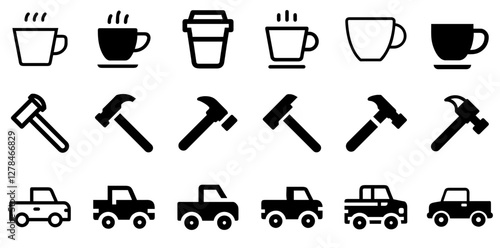 "Coffee Cup, Hammer, and Pickup Truck Vector Icon Set – Energy, Craftsmanship, and Mobility"