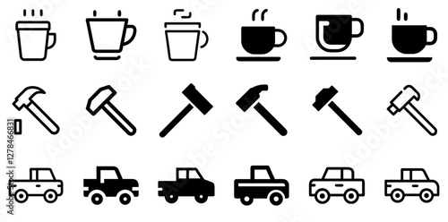 "Coffee Cup, Hammer, and Pickup Truck Vector Icon Set – Energy, Craftsmanship, and Mobility"