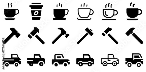 "Coffee Cup, Hammer, and Pickup Truck Vector Icon Set – Energy, Craftsmanship, and Mobility"